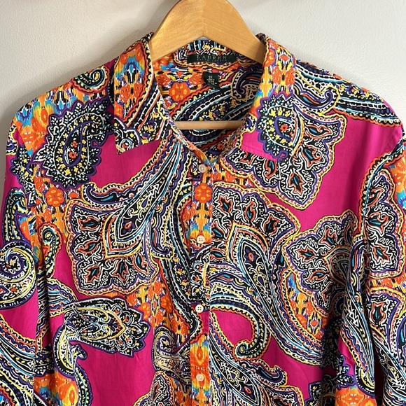 PINK Vibrant Paisley Cotton Sateen Shirt Top 2X - Picture 3 of 9